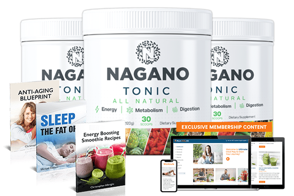 Bottles of Nagano Tonic, including images of bonus membership content provided 